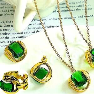 Gold Emerald Crystal Matching Necklace, Earrings, Ring Set